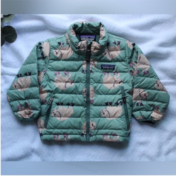 Patagonia Down Sweater Jacket in Gypsum Green Blue White Buffalo 12-18 months - Picture 4 of 11